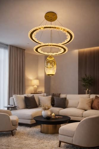 Image of Modern Stylish LED Ring Gold Finish with 3 Different Color Mode (Warm White, Cool White, Neutral White) Changing Chandelier with Height Adjustable Hanging for Bedroom, Living, Dining,