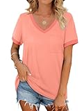 Geifa Womens Summer Clothes Short Sleeve Loose Fit V Neck T Shirts Tops Tunic Resort Wear 2025 L Coral