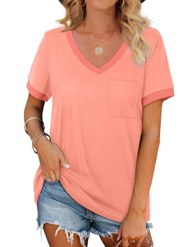 Womens-T-Shirts-Short-Sleeve-V-Neck-Loose-Casual-Summer-Tops-2026-with-Pocket Womens T Shirts Short Sleeve V Neck Loose Casual Summer Tops 2026 with Pocket - Image 1