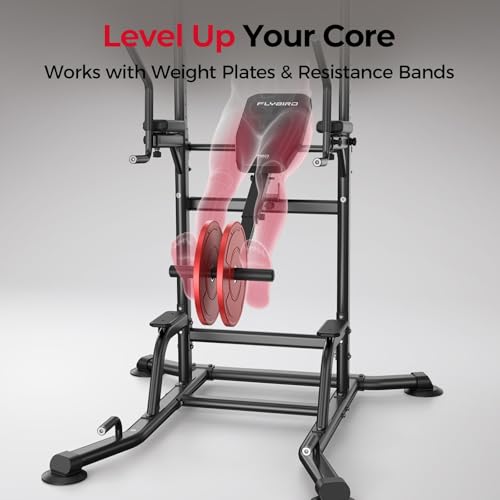 Image of FLYBIRD 800LBS Heavy Duty Power Tower Dip Station, Adjustable Height Pull Up Stand with Crunch Leg Raise, Multifunction Strength Training Equipment for Home Gym Back Workout