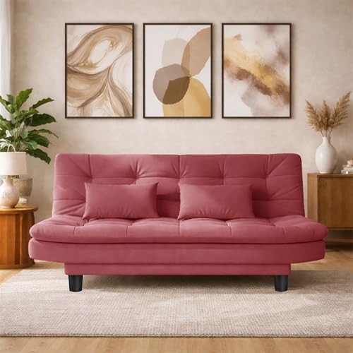 Image of Modern 3 Seater Sofa Cum Bed with Cushions, Foldable Convertible Couch, Velvet Fabric Sleeper Sofa for Living Room, Guest Room, Rose Pink