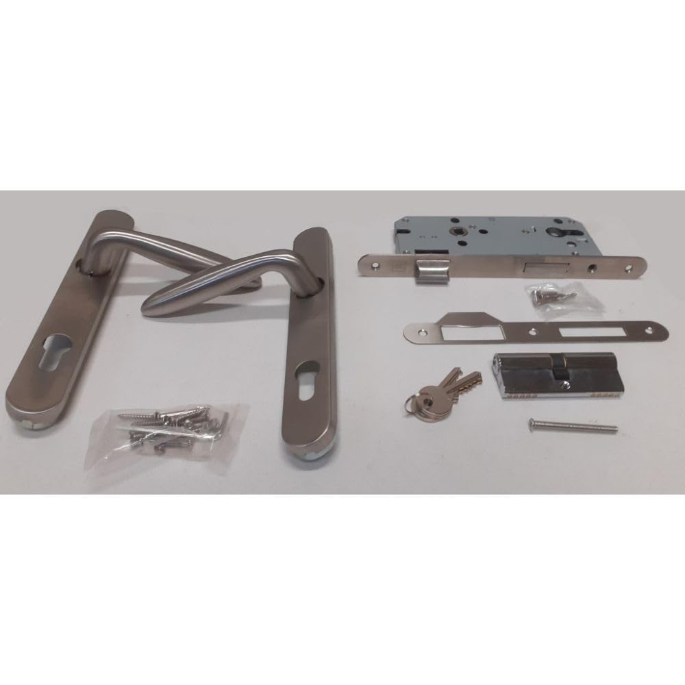 Einsteckschloss Gartentür Set Edelstahl – Türschloss 85 mm Entfernung Dornmaß 45 mm inkl Edelstahl Griff Türschild Zylinder 40/40 mit 3 Schlüsseln