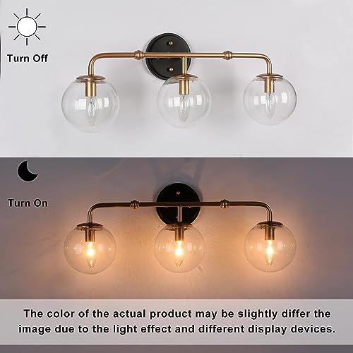 Image of classy leaves Black Gold Bathroom Light Fixtures, 3-Light Vanity Lights for Bathroom with Seeded Glass Globes, Modern Bathroom Vanity Light Fixtures Over Mirror