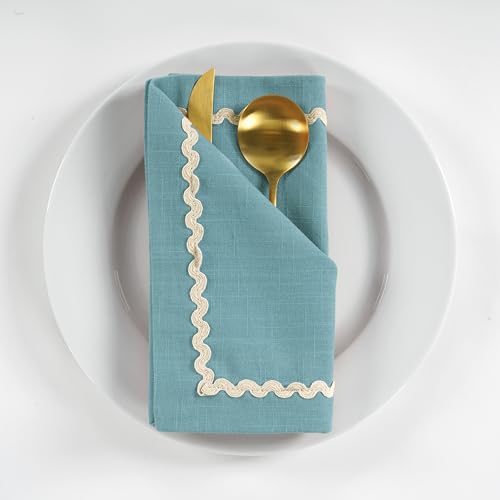 Image of FINGERCRAFT Cloth Napkins Set of 6, 18x18 Inch, 100% Cotton Table Napkins with RIC Rac Scallop Lace Trim, Reusable Washable Dinner Napkins for Wedding, Party, Dining & Home Decor (Powder Blue)