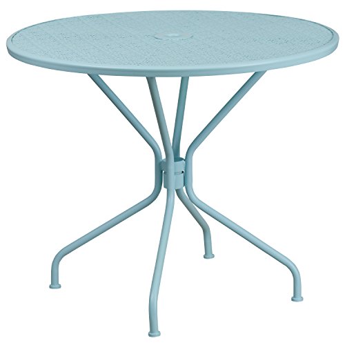 Image of Flash Furniture 35.25 inch Round Patio Table with Umbrella Hole, Sky Blue