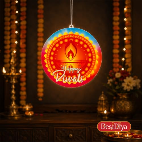 Image of Desidiya Happy Diwali LED Hanging Light | Warm White Double-Sided | Perfect for Diwali decor, entrances, balconies, pooja rooms, gifting and celebrations.
