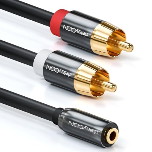 deleyCON 1m Stereo Audio Kabel - 3,5mm Klinken Buchse zu 2x RCA Cinch Stecker - aus Metall - Adapterkabel f&uuml;r Laptop Tablet Smartphone TV DVD Sound Box - Schwarz