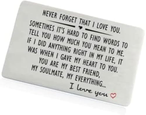 Baosong Carte d'anniversaire pour lui, Never Forget That I Love You - Carte gravée en métal avec clip de portefeuille pour anniversaire, Saint-Valentin, Noël, argenté