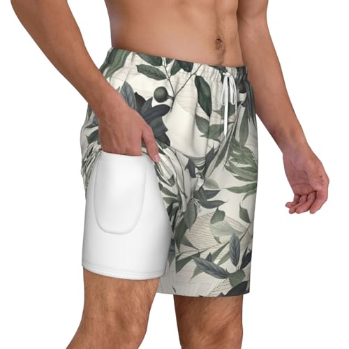 Men's Cute Palm Tree Leaves Print Quick-Dry Mesh Swim Trunks Stretch Lining Beach Shorts Surfing Summer Vacations