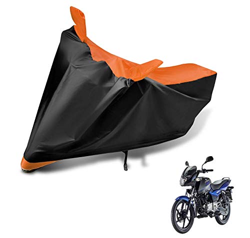 Image of Auto Hub Bike Cover Compatible with Bajaj Pulsar 150 with Mirror Pocket, Dustproof, Heat Resistant, Triple Stitched, Pulsar 150 Bike Cover- Black, Orange