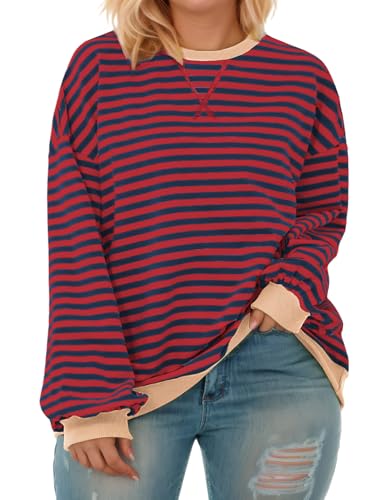 Image of ROSRISS Womens-Plus-Size-Oversized-Sweatshirts Striped Colorblock Long Sleeve Shirts Casual Crewneck Pullover Sweaters XL-5XL