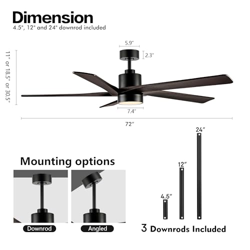 Image of WINGBO 72 Inch DC Ceiling Fan with Lights and 3 Downrods, 5 Reversible Carved Wood Blades, 6-Speed Noiseless DC Motor, Large Ceiling Fan in Matte Black Finish with Walnut Blades, ETL Listed