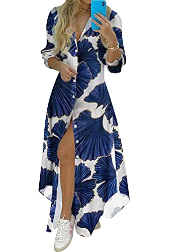 Image of YMING Womens Long Sleeve Button Down Shirt Dresses Casual Floral Print Maxi Dress Loose Fit Split Blouse Dress