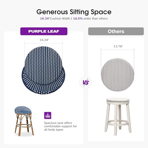 Image of PURPLE LEAF Patio Oversized Backrest Counter Height Stool Set of 1 Outdoor Round Barstools Aluminum Frame in Bamboo Finish Woven Rattan for Indoor Kitchen Dining Bistros Cafe Restaurant Navy Blue