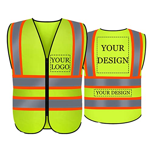 Custom Logo Safety Vest, Class 2 Personalized Reflective Vest with 5 Pockets (Yellow, L)