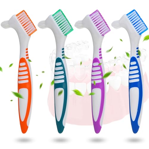 Cepillo Dentaduras Postizas,4 Piezas Cepillo de Limpieza de Dentadura Cepillo de Dientes para Dentaduras Postizas con Cabeza de Doble Cerda Doble Cabezal para Cuidado Dentaduras