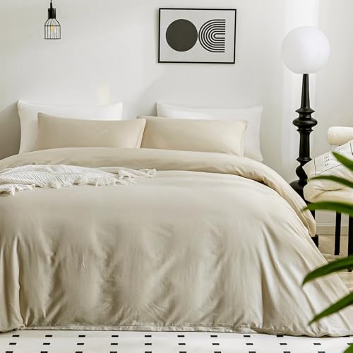 Image of JELLYMONI Cotton Duvet Cover Full Size - 100% Washed Cotton Linen Like Textured Comforter Cover, 3 Pieces Lightweight Soft Bedding Set with Zipper Closure (Light Khaki, Full 80 inchx90 inch)