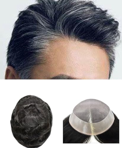 F M FACE MIRACLE NEW YORK Mens Toupee Hairpiece System Durable Fine Mono Lace Men Replacement Wigs PU Poly Skin Around Natural Hairline (7x9, 1B10 Off Black with 10% gray hair -120% density)