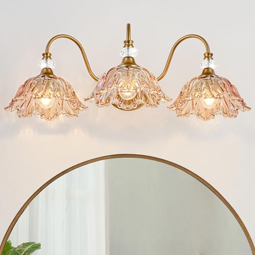 sunkryster Vintage Bathroom Vanity Light, 3-Light Matte Antique Brass Finish Vanity Light with Flower-Shaped Amber Glass Shades, Retro Wall Mount Lighting for Bathroom, Dressing Table