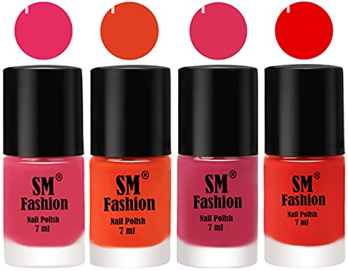 Image of Nail Polish Combo Set (Pack of 4) Quick Dry Gel Finish Nail Paint | Dark Rose Pink,Reddish Orange ,Dusty Pink,Fire Orange | 7 ml Each