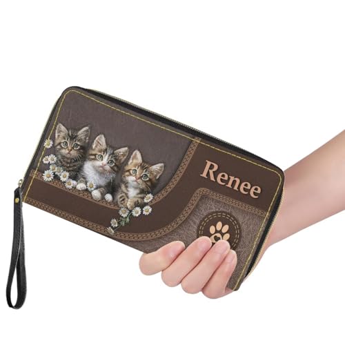 Image of Bulopur Custom Wallet with Name for Women Cute Cat RFID Wristlet Wallets Zip Around Cash Slim Compact Clutch Long Credit Card Holder PU Leather Handbags Gifts for Cat Owner