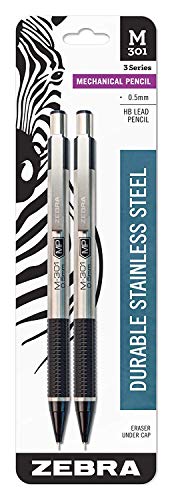 Zebra 54012 Stainless Steel Mechanical Pencil, 0.5mm Point Size, Standard HB Lead, Black Grip, 6-Count 