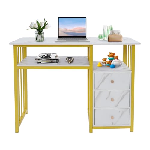 HINOPY Tocador, mesa de manicura con 3 cajones, 100 x 40 x 76 cm, mesa de manicura moderna, mesa de uñas de madera, estructura de metal para oficina, salón, hogar, oficina, hasta 30 kg
