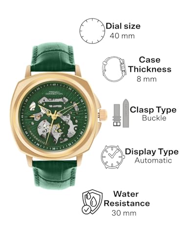 Image of French Connection The Max Automatic Men's Watch Green Leather Strap-FCA03-5