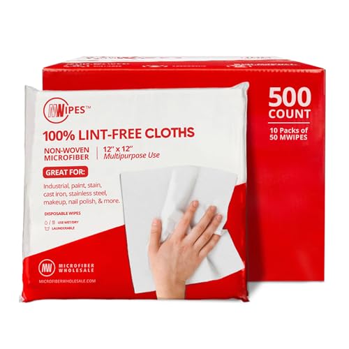 Mwipes Lint Free Cloth - 12" x 12" 500 Pack, Highly Absorbent Disposable Microfiber Wholesale Cleaning Cloths for Industrial, Medical, Staining, Cast Iron, Woodworking, Makeup, Nail Polish