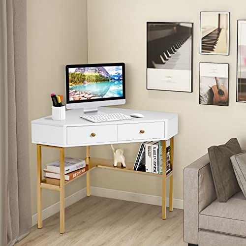 Ifanny Corner Desk With Drawers, 90 Degrees Triangle Desk W/Storage Shelves And Metal Frame, Corner Writing Desk, Corner Makeup Vanity Table, Small Corner Desks For Small Spaces (Gold) #TOP1