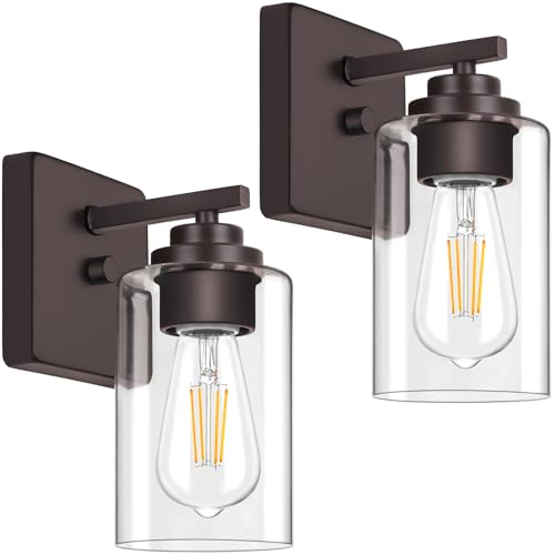 Image of VerRon Set of 2 Wall Sconces for Bathroom, Modern Vanity Light Fixtures, Oil Rubbed Bronze Mount Lighting Lanterns, Farmhouse Wall Lights with Clear Glass Shade for Bedroom Living Room Mirror Hallway