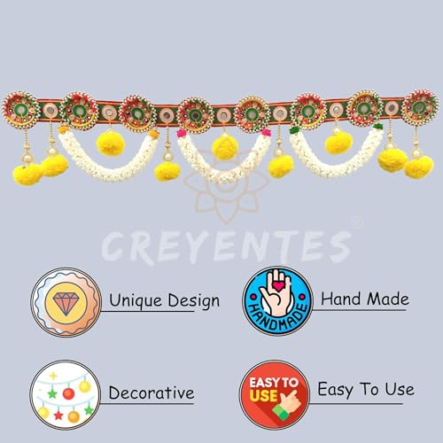 Image of Traditional Handmade Toran for Door, Thoranam Jasmin Flower, Mirror Work, Diwali Toran, Decoration for Festival, Embroidery Work (Round Ring Jasmin Toran)