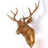workersun Deer Head Wall Mount Decor 14.5 inches Faux Deer Head Sculpture for Bar Background Wall Mount Home Living Room Animal Head Wall Art Christmas Decoration Resin Antler Decor (Gold)