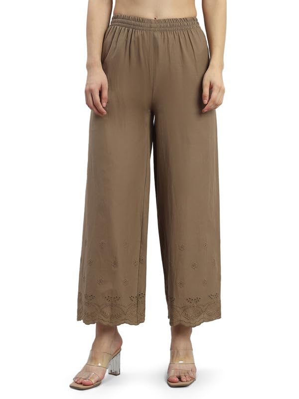 Image of GO COLORS Women Cotton Hakoba Wide Pant Ankle Length, Floral Embroidery, Relaxed Fit, Mid-Rise with Side Pocket
