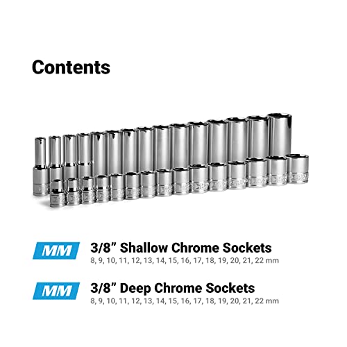 Image of Capri Tools 3 /8 in. Drive Shallow and Deep Chrome Socket Set, 6-Point, 8 to 22 mm, 30-Piece