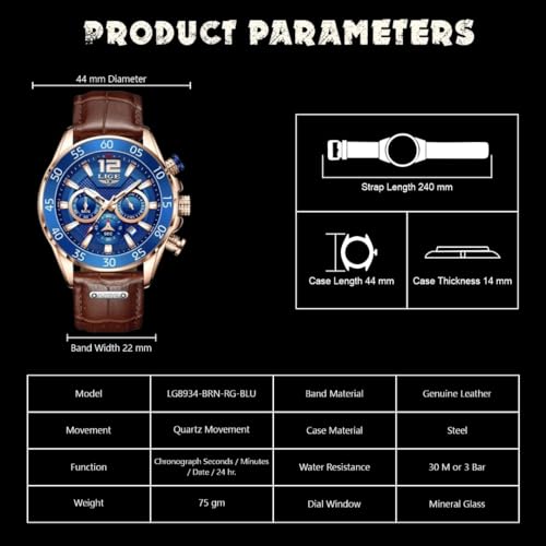 Image of LIGE Men's Watch Chronograph Genuine Brown Leather Strap Rose Gold Case with Date, Luminous Hand Analog Watches for Men | Gift for Men