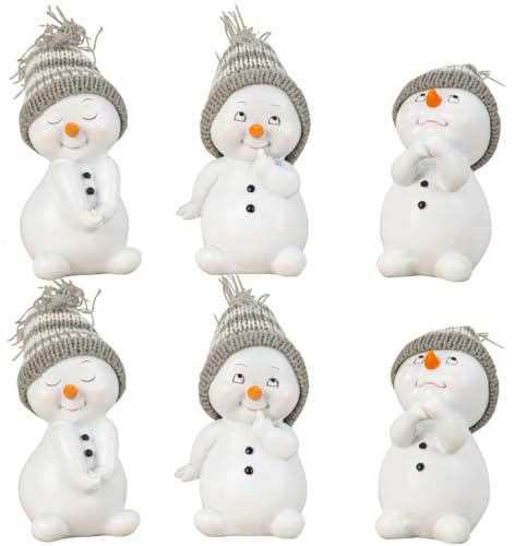 Geschenkestadl 6er Set Schneemann Figuren – ca. 12 x 8 cm – Lustige Winterdeko 3-Fach Sortiert – Handbemalte Weihnachtsfiguren für Fensterbank, Tisch & Deko-Ideen