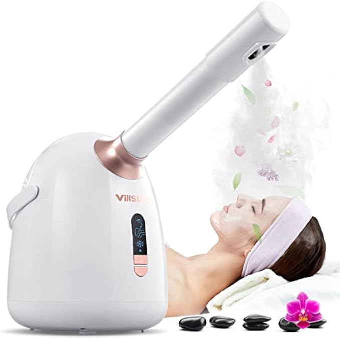Facial Steamer, Villsure Hot/Cool Face Steamer with Extendable Arm, Professional Nano Ionic Facial Steamer for Facial Deep Cleaning, Humidifier with Portable Handle for Facial SPA at Home or Salon