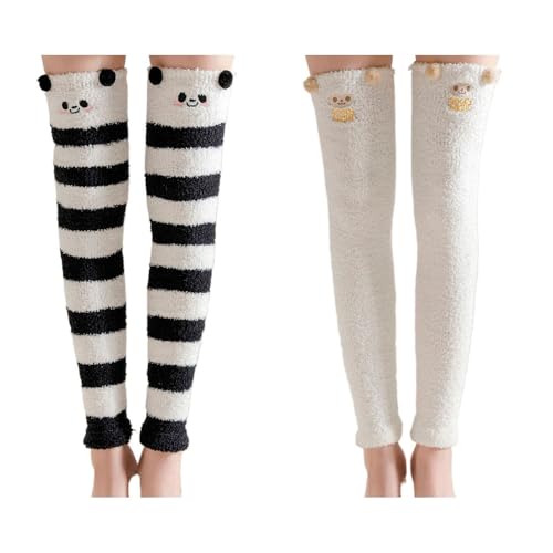 Image of 2Pcs Cute Animal Patterns Thigh High Stockings for Women Warm Stripe Leg Warmers Fuzzy Socks Over Knee High Fuzzy Socks