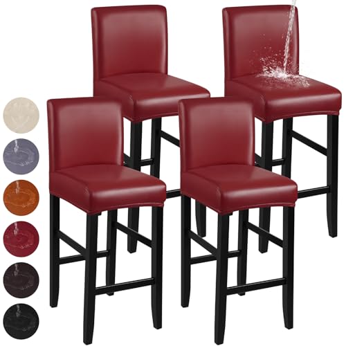 Image of YISUN Bar Stool Covers, Stretch Waterproof PU Bar Stool Slipcover Removable Washable Bar Stool Chair Covers, High Chair Cover with Elastic Bands (4 Pack, Red)