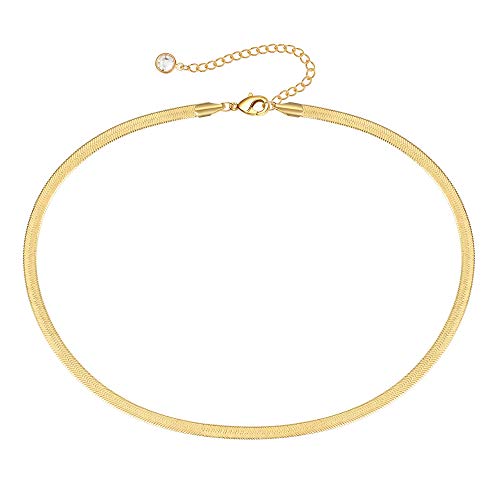 Dainty Gold Thick Snake Choker - 14K Gold Paperclip Chain Necklace Flat Herringbone Chain Necklace Snake Chain Choker Paperclip Chain for Women 4MM Snake Chain Necklace