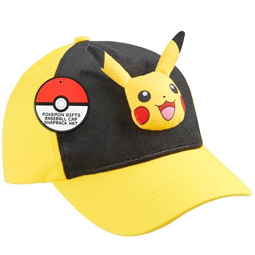 Pokémon Gorra Niño 3D Pikachu o Bulbasaur, Anime Gorras Infantiles Ajustable con Personaje de Peluche, Regalo para Niños (4-12 Años, Amarillo Pikachu)
