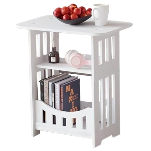 Peosaard Tavolo da comodino bianco, tavolino da piccolo, tavolo laterale in legno a 3 livelli con cesto scaffale per soggiorno, camera da letto, bagno, balcone