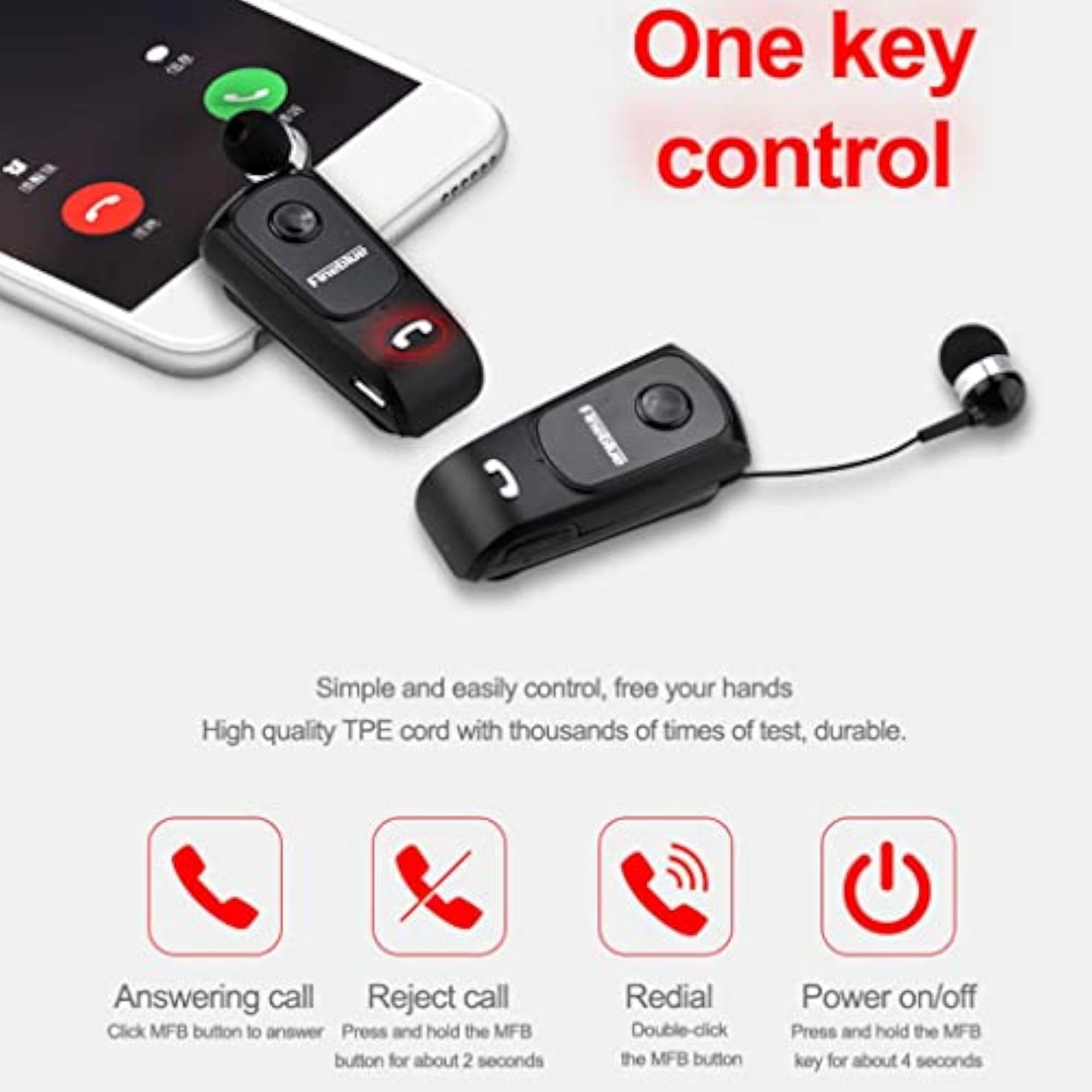 Fineblue Bluetooth Headset with Collar Clip, White