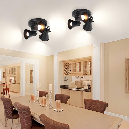 Image of 3-Light Industrial Track Lighting with Pull Chain On /Off Switch, Adjustable Round Kitchen Ceiling Light, Morden Black Flush Mount Directional Light for Kitchen, Hallway, Dining Room, Bathroom