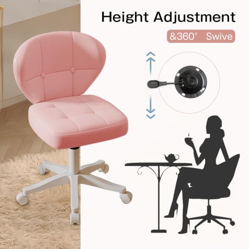 Image of Small Office Chair with Lumbar Support, PU Leather Armless Swivel Desk Chair Adjustable Height, Compact Rolling Chair for Home Office, Bedroom, Study (Pink)