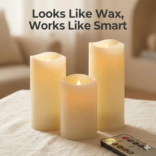 Image of Set of 24 Slim Outdoor LED Candles, Battery Operated Flickering Fake Candles with 10-Key Timers for Patio & Porch Decor, 2.2 Inch Diameter Waterproof Resin Pillars for Large Events & Sconces (White)