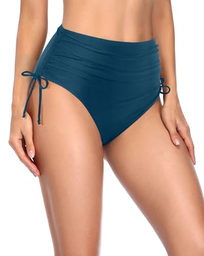 Image of Holipick Women's High Waisted Bikini Bottom | Tummy Control Ruched, Full Bum Coverage, Full Lining, Adjustable Drawstring Tie Side, Swimming, Beach