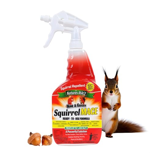 Nature's MACE Squirrel Mace, Squirrel Deterrent, Repellent Spray, for Garden, Bird Feeders, Works On Chipmunks, Protect Car, Plants, Safe to Use Around People, Pets, Plants, 40 Ounce Spray