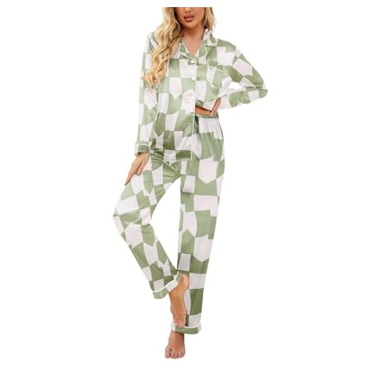 Ekouaer Womens Satin Pajama Set Classic Pattern Silky Pj Sets Button Down Sleepwear Loungewear,Large,Geometry
